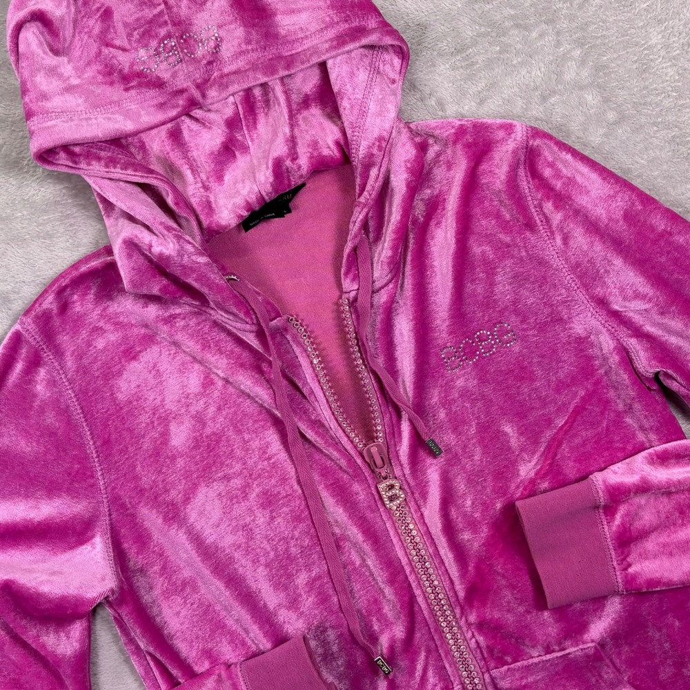 BCBG Max Azria Women Hoodie Size L Pink‎ Velour Rhinestone Y2K Zip Up